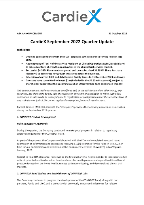 CardieX Quarterly Update
